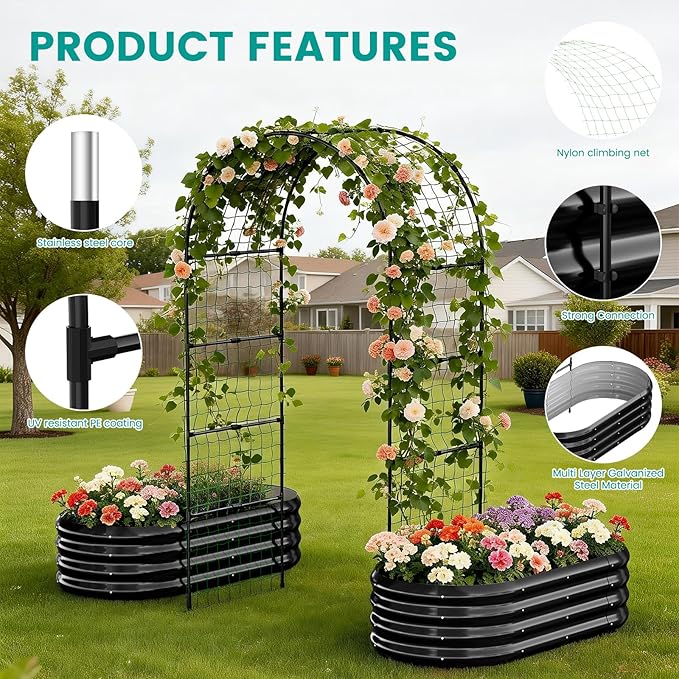SUNYRISY Galvanized Raised Garden Bed with 87" H Arch Trellis for Climbing Plants Outdoor, Metal Planter Box with Netting for Gardening Flowers Vegetables Fruit Herb, Black
