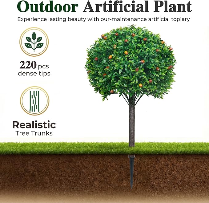 PATIO CHOICE Artificial Topiary Boxwood Ball Trees Set of 2 30" Fake Outdoor Plants Realistic Olive Tree Fake Bushes Lifelike Shrubs Decorations for Outdoor Indoor Front Porch Garden