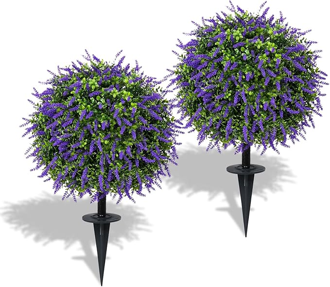 Bdor 25" Artificial Lavender Topiary Ball Trees with Ground Stake, Faux Potted Plants Purple Lavender Set of 2, Outdoor Fake Flower Bushes, UV Resistant for Home Lawn and Front Porch Garden Decor