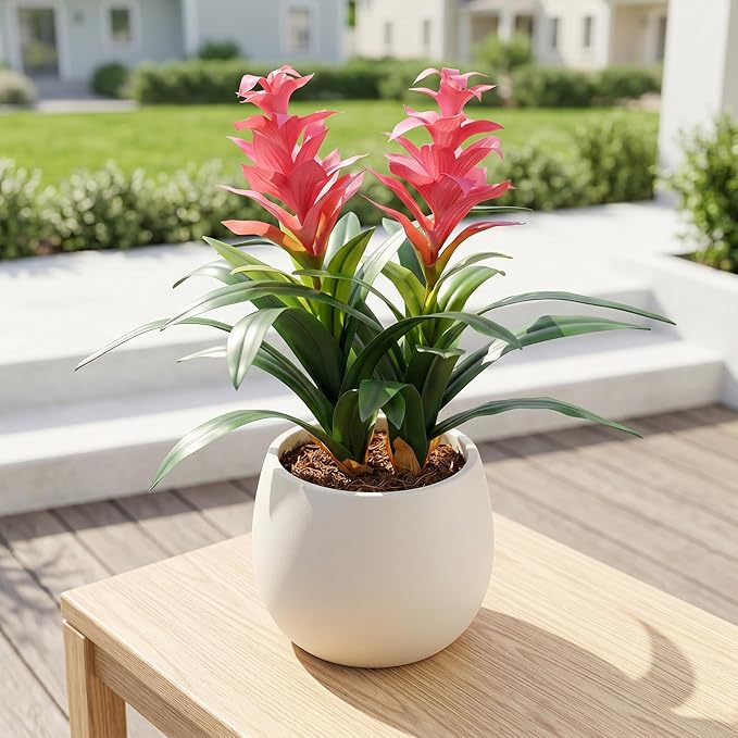 Ivydale Fake Flowers Plants for Outdoors, 2 Pcs 16.93" Bromeliad Artificial Flowers Uv Resistant Realistic Faux Flowers for Outdoor Planters Outside Porch Patio Yard Garden Indoor Decoration(Pink)