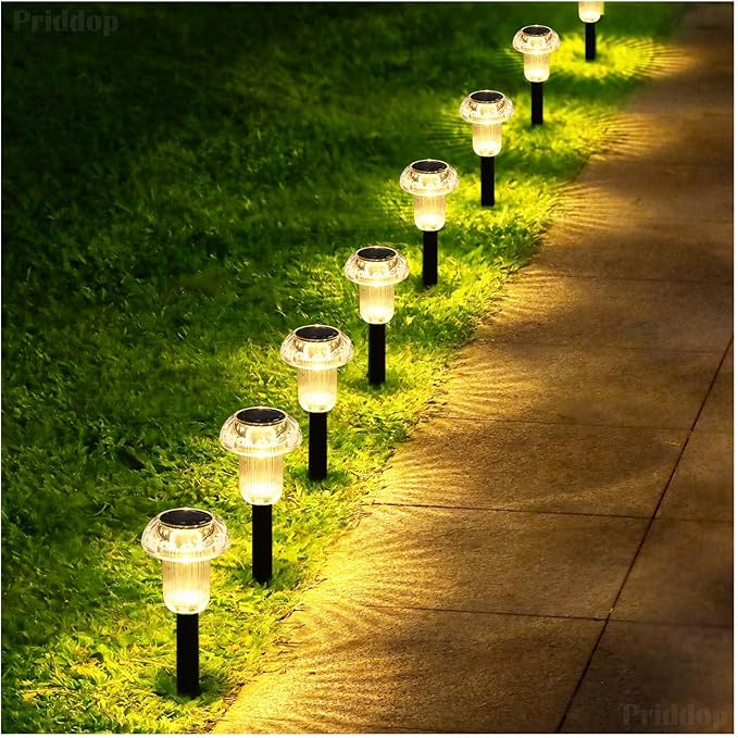 Priddop Solar Lights Outdoor Pathway Waterproof 8 Pack Warm White LED Acrylic Mushroom Decorative Garden Lights for Yard Landscape Patio Outside Decor