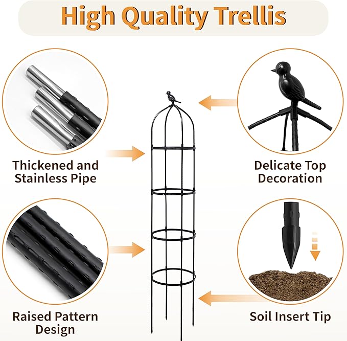 4 Pack Garden Obelisk Trellis for Climbing Plants Outdoor, 6FT Adjustable Metal Plant Support with 3 Decorative Tops, Black Rustproof Trellis for Roses, Tomatoes, Clematis & Vines