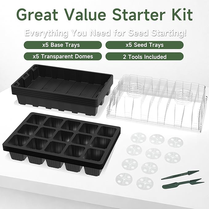 Gardzen 5-Pack Seed Starter Kits, Reusable Plant Germination Trays with Total 75-Cell, Seed Starter Tray with Humidity Vented Domes and Bases for Starting Vegetable Flower Herb Seeds 15" x 9"