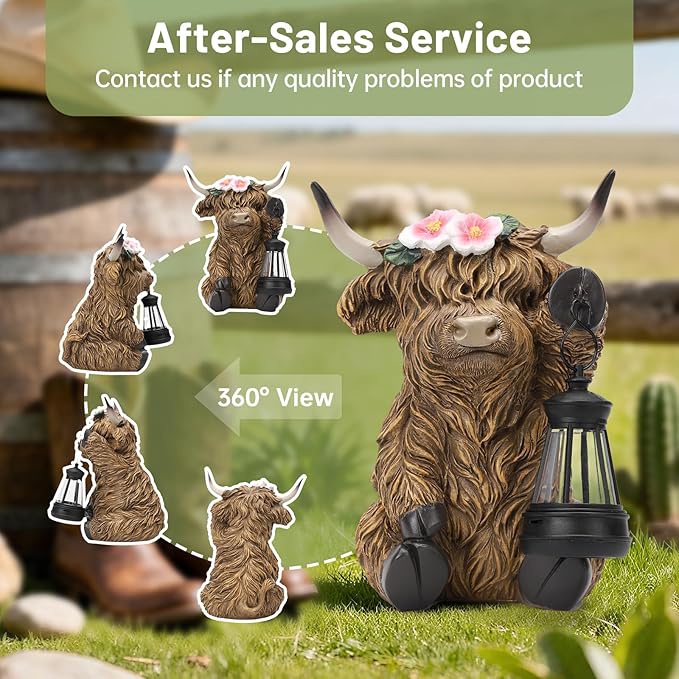 Solar Highland Cow Garden Outdoor Statue,Cow Figurines Sculpture with LED Light,Farmhouse Decor,Patio Balcony Yard for Pasture & Farm Theme Mother's Day Housewarming Gift for Women Mom Grandma