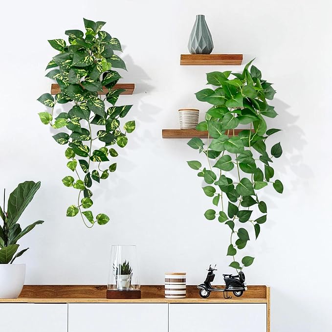 Artificial Hanging Plants with White Pots –2 Pack Fake Pothos Potted Plants Faux Ivy Vines 31.5‘’, Realistic Greenery Hanging Fakeplants Indoor for Home Decor, Bedroom, Bathroom, Office, Living Room