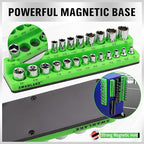 Magnetic Socket Organizer Set, 6-piece 1/4", 3/8", 1/2" SAE & Metric Sockets Holder, Drive Socket Trays, Storage Tool Box, Holding 143 Slots, Soft Rubber Covering Black Green Tools
