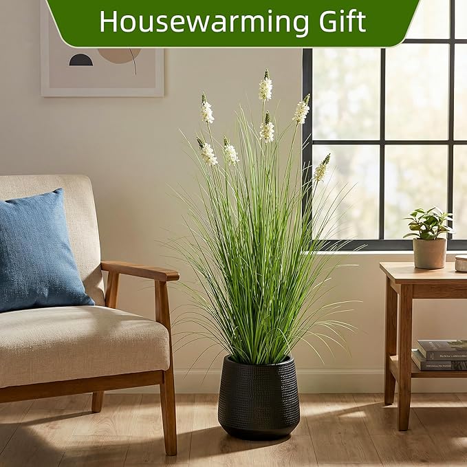 Artificial Plants Indoor Tall Grass Plants with Hyacinth Flower 47.2In Tall Artificial Ornamental Grass Green Onions Outdoor Fake Plants with Black Pot Home Office Decorative (1 Pack,White)