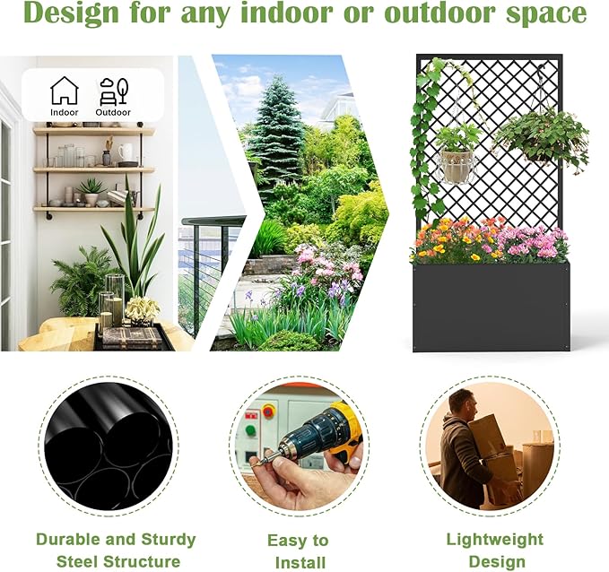 kinbor Planter with Trellis - Set of 2 Planter Boxes Outdoor, Metal Raised Garden Bed with Lattice Trellis for Climbing Plants, Black Flower Boxes Outdoor