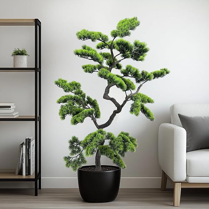 4.6ft Artificial Bonsai Tree Juniper Faux Pine Plant | Large Indoor Fake Tree Decor with Black Plastic Pot for Home, Office Desk, Table, Shelf, Bedroom & Living Room Decor (Green)