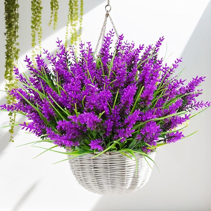 Kinisty 20 Bundles Outdoor Artificial Plants and Flowers, UV Resistant Faux Monkey Grass with Lavender and Fake Plastic Greenery for Spring Summer Outside Planter Porch Garden Decor, Fuchsia