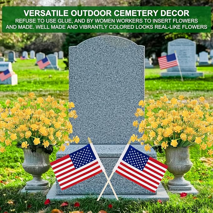 TURNMEON 20 Bundles Artificial Flowers for Outdoors, Spring Grass Camellia Fake Flowers Plastic Plants,UV Resistant No Fade Faux Greenery for Gardens Porch Yards Summer Cemetery Decor 500 Head(Yellow)