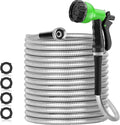 SPECILITE 75ft 304 Stainless Steel Garden Hose Metal, Heavy Duty Water Pipe with Nozzles for Yard, Outdoor - Flexible, Never Kink & Tangle, Puncture Resistant (Sliver)