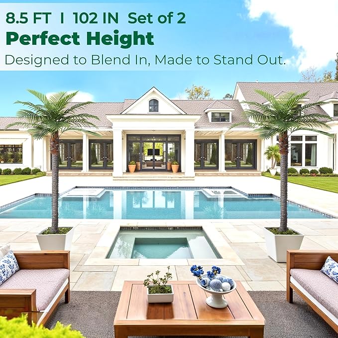 8.5FT Artificial Coconut Palm Set of 2, Faux Silk Palm Tree, Tropical Fake Trees for Indoor Outdoor, Large Sago Palm Plants for Home Office Garden Patio Poolside Backyard