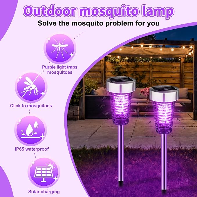 Qualirey 4 Pack Solar Bug Zapper Outdoor Waterproof Mosquito Repellent Killer Bug Zapper Lamp with LED Light for Outdoor Garden Patio Yard (Purple and Warm Light,Silver)