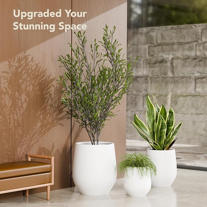 21" H x 19" D Premium Corso Fiberstone Round Tapered Planter with Drainage Hole, Weather Resistant for Indoor and Outdoor Use, Included 2 Extra Coco Mats (White, 15" Pot Opening)