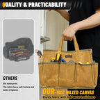16OZ Waxed Canvas Tool Tote Bag | Large-Capacity Tool Storage Tote with 10 External Pockets | Multi-Purpose Garden Tool Carrier for Gardening, Wrench, and Carpentry Tools – Khaki