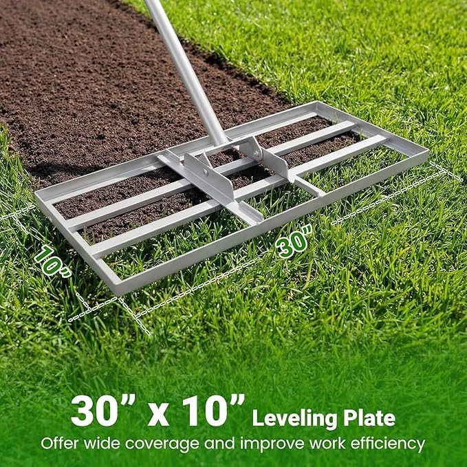 Goplus Lawn Leveling Rake, 30" x 10" Heavy Duty Level Lawn Tool w/ Ergonomic Handle for Soil, Effort-Saving Landscape Rake for Garden, Backyard, Golf Course, Farm, Pasture (Sliver)