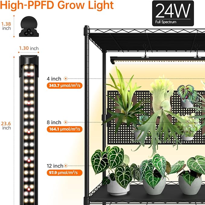 Bstrip Plant Cabinet with Pegboard, 3 Tier Plant Shelf with Grow Light, Metal Plant Stand with 4 Pack 96W Grow Lights for Indoor Plant, Foliage Plants, Seed Starting, 29.5"x13.8"x59"