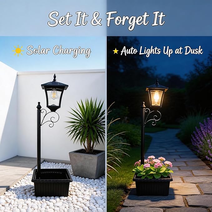 Solar Floor Lamps with Planter (2-in-1 Design), 36.5" Outdoor Solar Lamp Post - IP44 Waterproof, Warm White Lights Dusk to Dawn 6-8Hr, Easy Install for Lawn, Patio, Porch, Yard & Pathway Decor