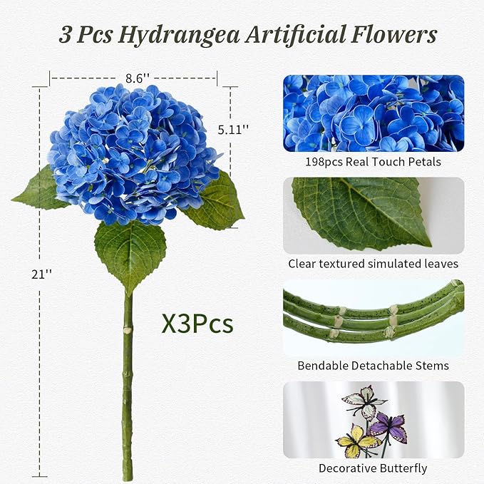 Leftover 3 Pcs Dark Blue Hydrangea Artificial Flowers,21" Real Touch Faux Hydrangea Flowers and 3 PCS Butterflies for Hydrangea Decor,Floral Arrangements for Centerpiece Table Decorations,Home Decor