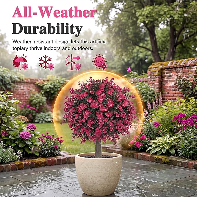 PATIO CHOICE Topiary Trees Artificial Outdoor Boxwood Ball Trees with Ground Spike Set of 2 22" Fake Outdoor Plants Faux Bushes and Shrubs Decorations for Outdoor Indoor Front Porch Garden