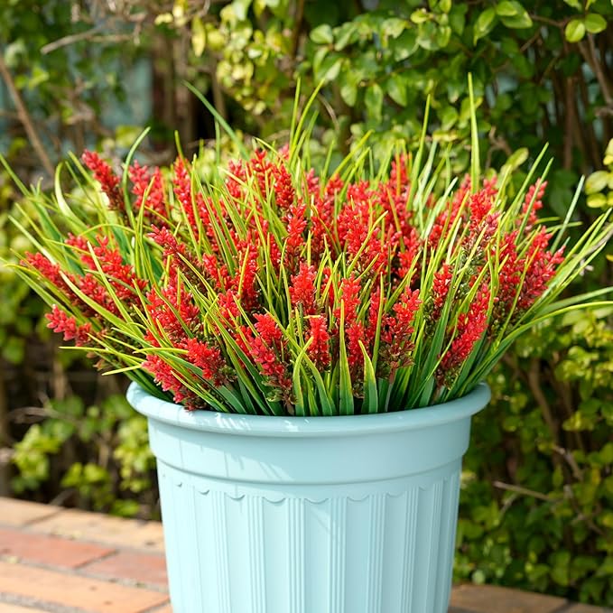 20 Bundles Artificial Plants Outdoor, UV Resistant Fake Flowers， Realistic Faux Lavender Shrubs for Porch Garden Window Box Home Decoration (Red)
