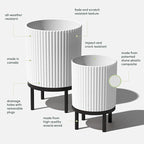 Veradek Demi Series Round Planter w/Stand for Porch/Patio | Durable Plastic-Stone Composite & Wooden Stand | Modern Décor for Tall Plants, Flowers