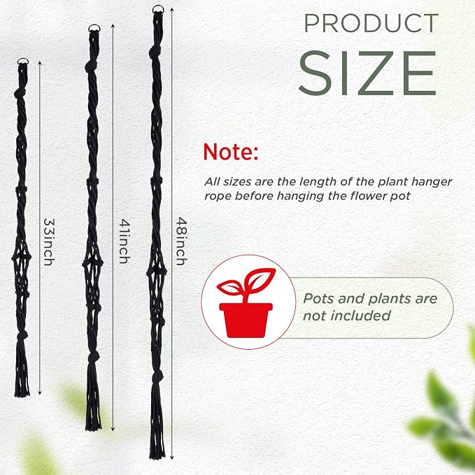 EBOOT 3 Pack 33 41 48 Inch Large Macrame Plant Hanger Rope to Hang Flower Pot Plant Holder for Indoor Outdoor Decorations, 4 Legs (Black)