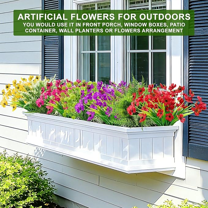 Artificial Flowers for Outdoors, UV Resistant No Fade 16 Bundles 7 Styles Fake Flowers Outdoor Faux Plant Colorful Daisy Boston Fern Lavender Cemetery Flowers for Outside Porch Patio Indoor Home Decor