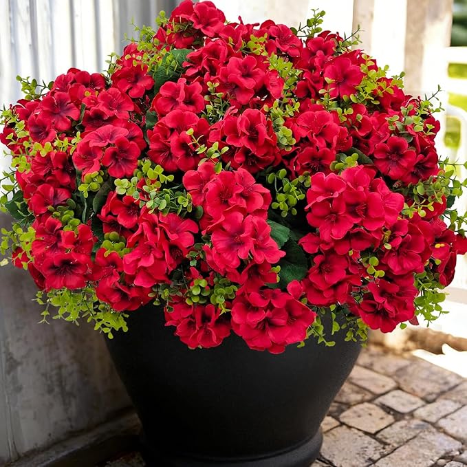 Artificial Geranium Flowers for Outdoor Decoration, 6 Bundles UV Resistant Silk Geranium Fake Plants Faux Flowers for Front Porch Garden Patio Window Box Outside Indoor Decor (Red)