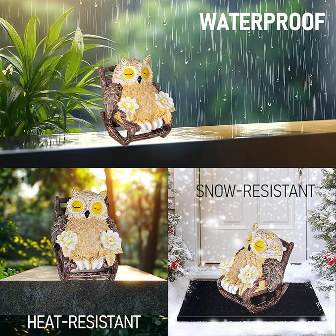 LIULO TOOL Light Up Owl on Chair Garden Sculpture, LED Solar Powered Owl Lying on The Chair, Cute Figurine Crafted Statue for Home Fireplace Outdoor Centerpiece Collection Decoration, 3x3x4 in