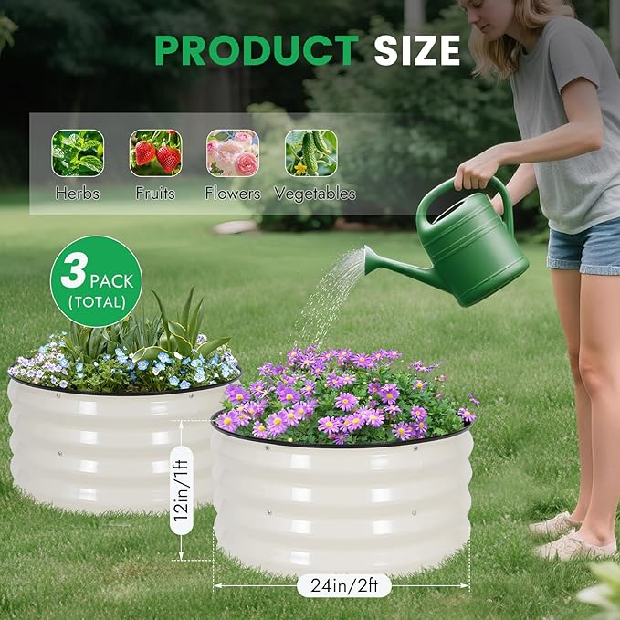 INNO STAGE 3 Pcs Round Galvanized Raised Garden Bed — 2×2×1ft Planter Box Outdoor Raised Beds Kit for Gardening Vegetables, Fruits, Herbs, and Flowers, White