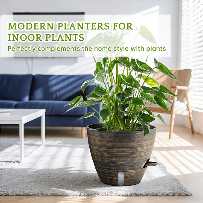 ZMTECH 10 Inch Self Watering Pots for Indoor Outdoor, Bronze Large Plastic Planter with Water Level Indicator, Drainage Hole & Removable Saucer for Garden Flowers, Decorative Plant Container