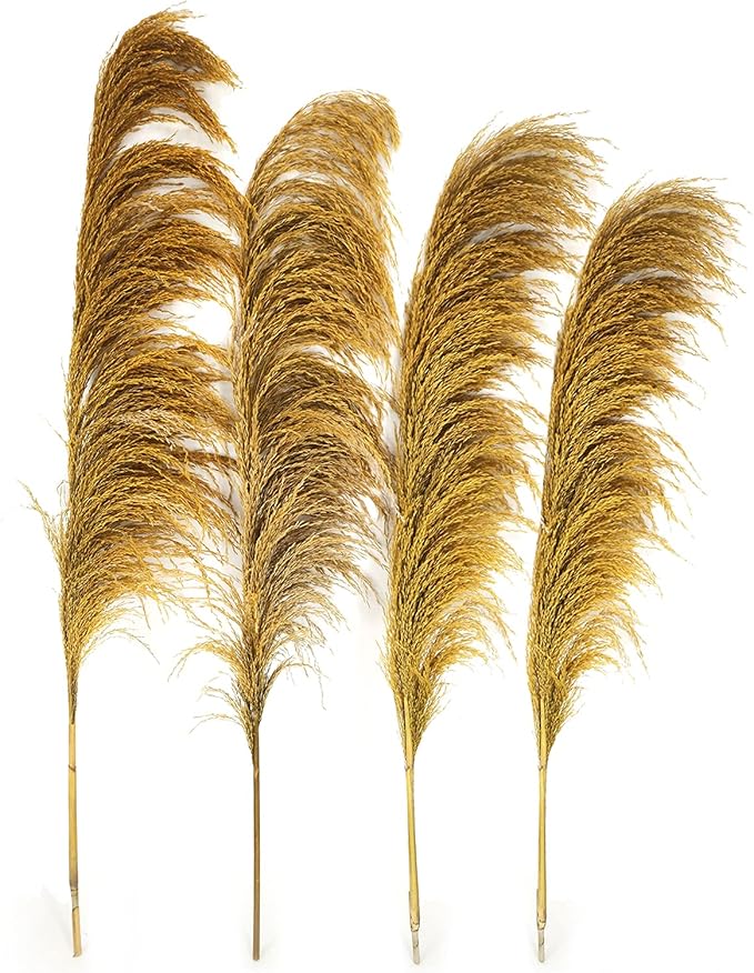 Gold Pampas Grass Decor Tall,Dried Pampas Grass for Vase, Natural Pompas Floral, Elegant Feather Flowers for Wedding Living Room Farmhouse Decorations (Natural Golden, 4pcs 43.3"(110cm))