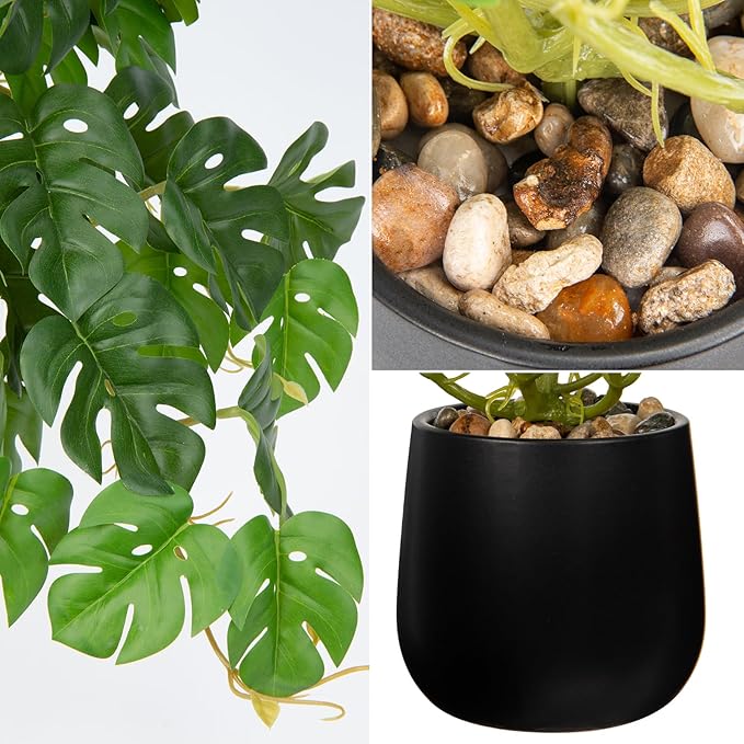 DILATATA Fake Plants Indoor 8 Inch Artificial Monstera Plant in Black Ceramic Pot - Faux Potted Tropical Palm Plant for Home Aesthetic Decor Living Room Shelf Office