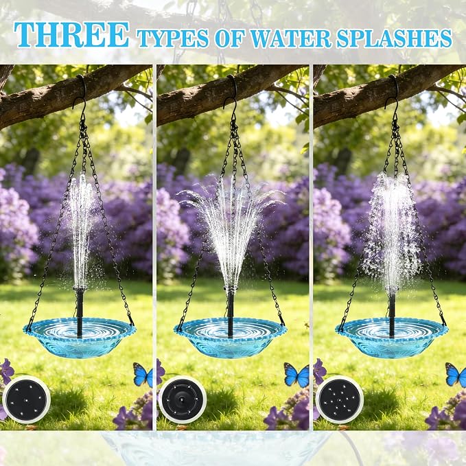 Yeomi Solar Fountain for Bird Bath, Solar Cascade Hanging Bird Bath Fountain, Large Hummingbird Bath with Solar Pump & Clear Blue Bowl, Outdoor Garden Decor