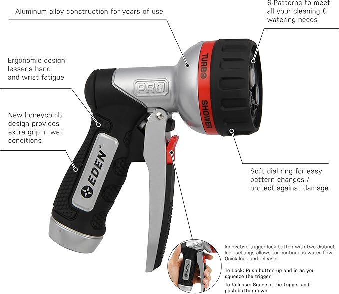 Eden PRO 94833 Metal Front Trigger 6-Pattern Turbo Nozzle, Heavy Duty Hose Sprayer for Garden, Plants, Lawns, Quick Connect Set Included