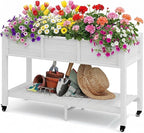 DWVO 47x18x3in Raised Garden Bed HDPE Outdoor with Legs and Lockable Wheels, Weather-Resistant Poly-Wood Elevated Planter Box, Double Tier Planters for Backyard Patio Balcony, White