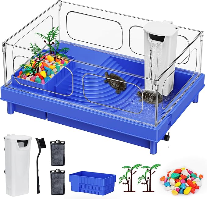 Turtle Tank Starter Kit with Filter, 10 Gallon Aquarium, Easy to Install & Clean, Basking, Feeding & Swimming Areas for Small Turtles
