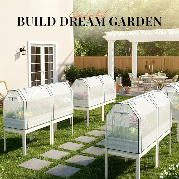 KING BIRD Large Raised Garden Bed with Cover Galvanized Elevated Planter Box with Legs 72×23×55 in for Backyard, Patio, Balcony, 700lb Capacity, Beige