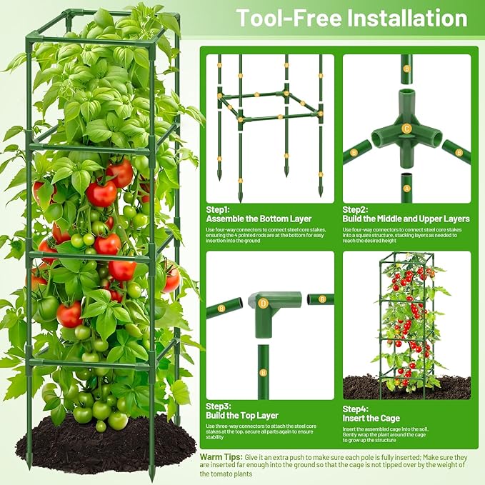 Legigo 2 Pack Square Tomato Cages- 60 Inch Heavy Duty Tomato Trellis for Climbing Plants Outdoor, Tomato Plant Support Stakes Cage Garden Trellis for Garden Raised Garden Bed Cucumbers Vegetables