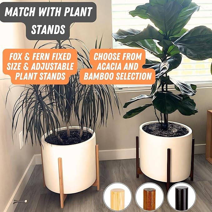 Fox & Fern 15" Large Planter Fits Plant Stand - Fiberstone - Drainage Plug - Indoor Outdoor - Matte White