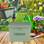 Seed Storage Organizer, T-Shape Compartment Seed Box with Safety Lock, Metal Seed Saving Box, Portable Seed Bin Container with Handle, Including 2 Pens 20 Plant Labels 50 Seed Envelopes-Green