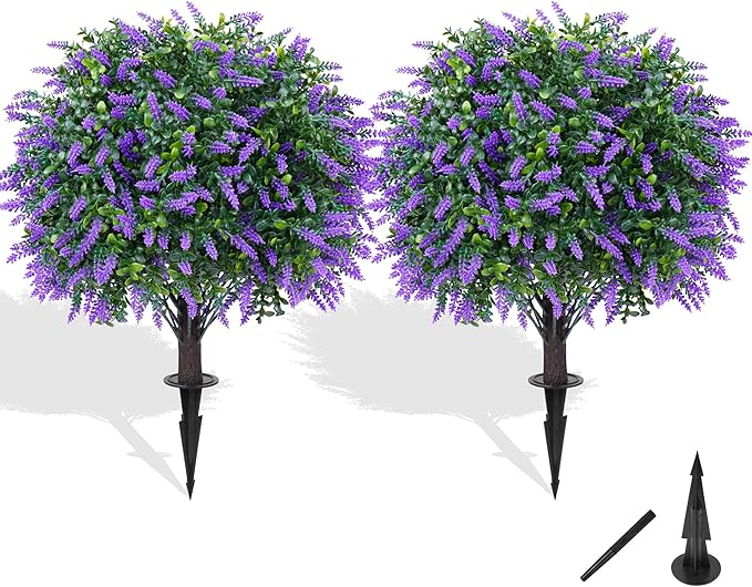 Grooy Artificial Boxwood Topiary Ball with Lavender, Set of 2 Artificial Shrub Bushes with Ground Spike, UV Resistant Fake Evergreen Plant Tree for Porch Outdoor Planters Indoor Valentine's Day