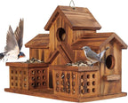 MIXUMON Bird Houses for Outside with Bird Feeder, Outdoor 3 Hole Bird House Room for 3 Bird Families Bluebird Finch Cardinals Hanging Birdhouse for Garden