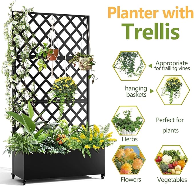 Metal Raised Garden Bed with Trellis and Wheels, 72"x47" Planter Box for Climbing Plants, Vegetables & Vines, Features Drainage Holes and Privacy Screen