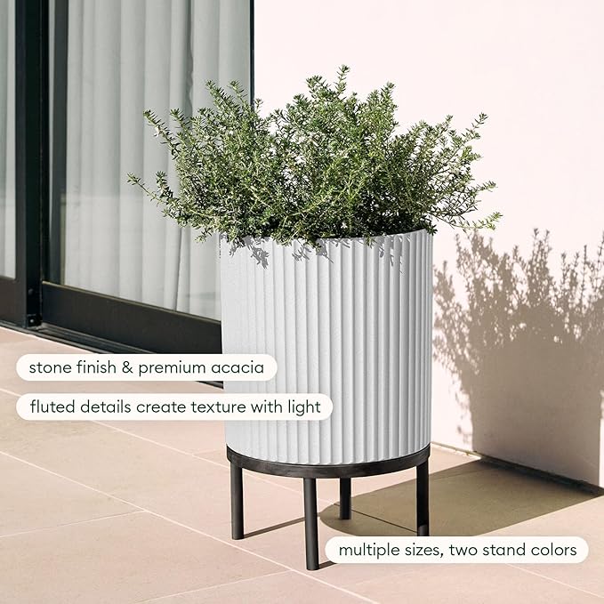 Veradek Demi Series Round Planter w/Stand for Porch/Patio | Durable Plastic-Stone Composite & Wooden Stand | Modern Décor for Tall Plants, Flowers