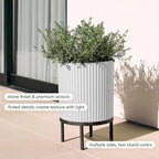 Veradek Demi Series Round Planter w/ Stand for Porch/Patio | Durable Plastic-Concrete & Wooden Stand | Modern Décor for Tall Plants, Flowers