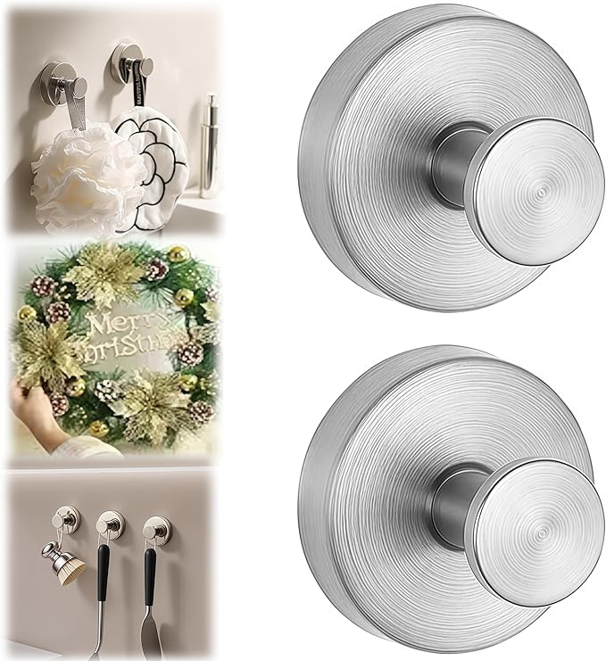 Suction Cup Hooks for Wreaths on Glass, Suction Cup Hooks for Inside Shower, Wreath Hangers for Front Doors, Metal Towel Hooks for Showers Bathrooms Mirrors (2, Sliver)