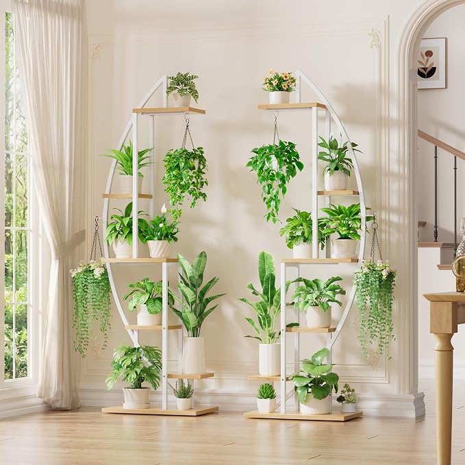 BACEKOLL Plant Stand Indoor with Grow Lights, 6 Tiered Tall Plant Shelf, 63" Metal Plant Stand for Indoor Plants Multiple, Half-Moon Plant Rack Display Shelf, 2 Pcs Plant Holder for Living Room, White
